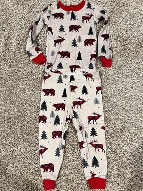 Kids Red Buffalo Plaid Moose & Bear Pajama Set